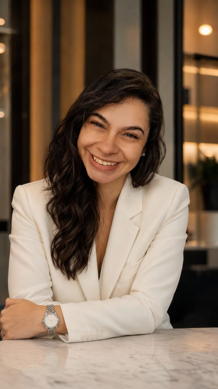 Jash, Mavi Fraino, sentada a una mesa con blazer blanco